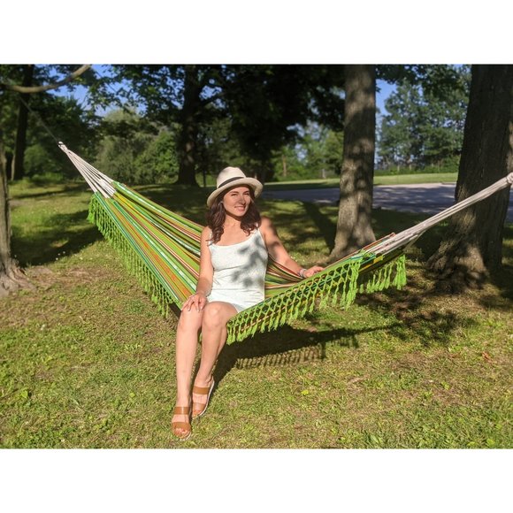 Large Green Boho Hammock Handwoven| Summer Hammock | Double Sided Colorful Hammo - Picture 4 of 6